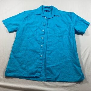 Alan Flusser Linen Shirt men Small Button Down casual Shirt Blue Short sleeve